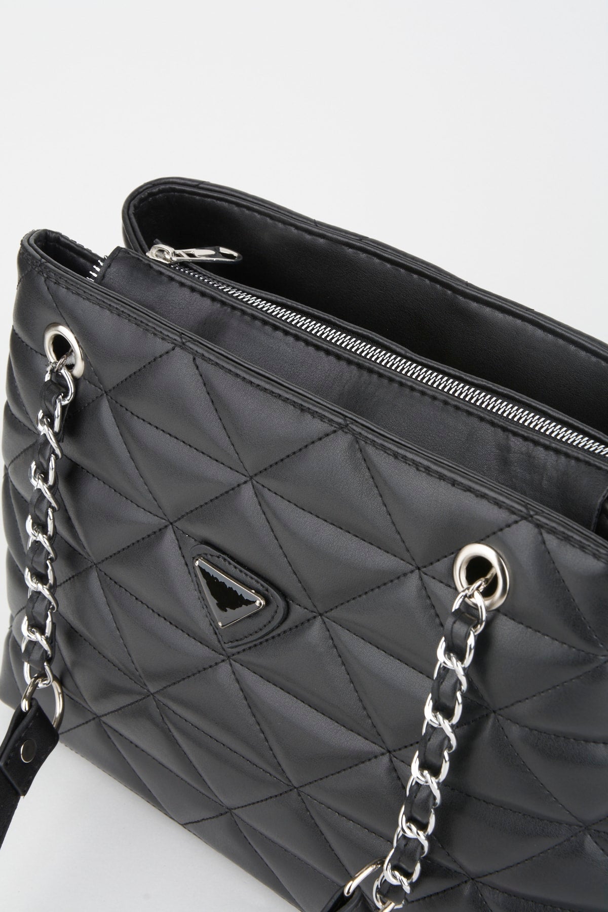 Crocos Black Quilted 3 Compartment Zipper Closure Lined Hand Arm And Shoulder Bag With Chain Strap