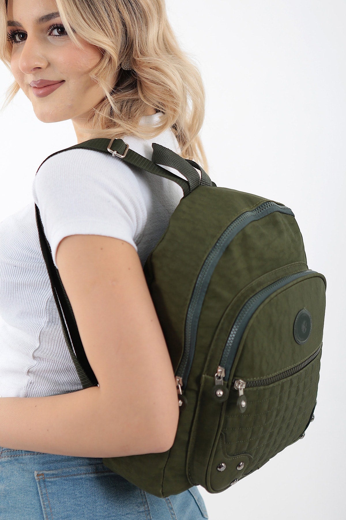 Unisex Green Crinkle Fabric Waterproof & Dirt-resistant Backpack And School Bag