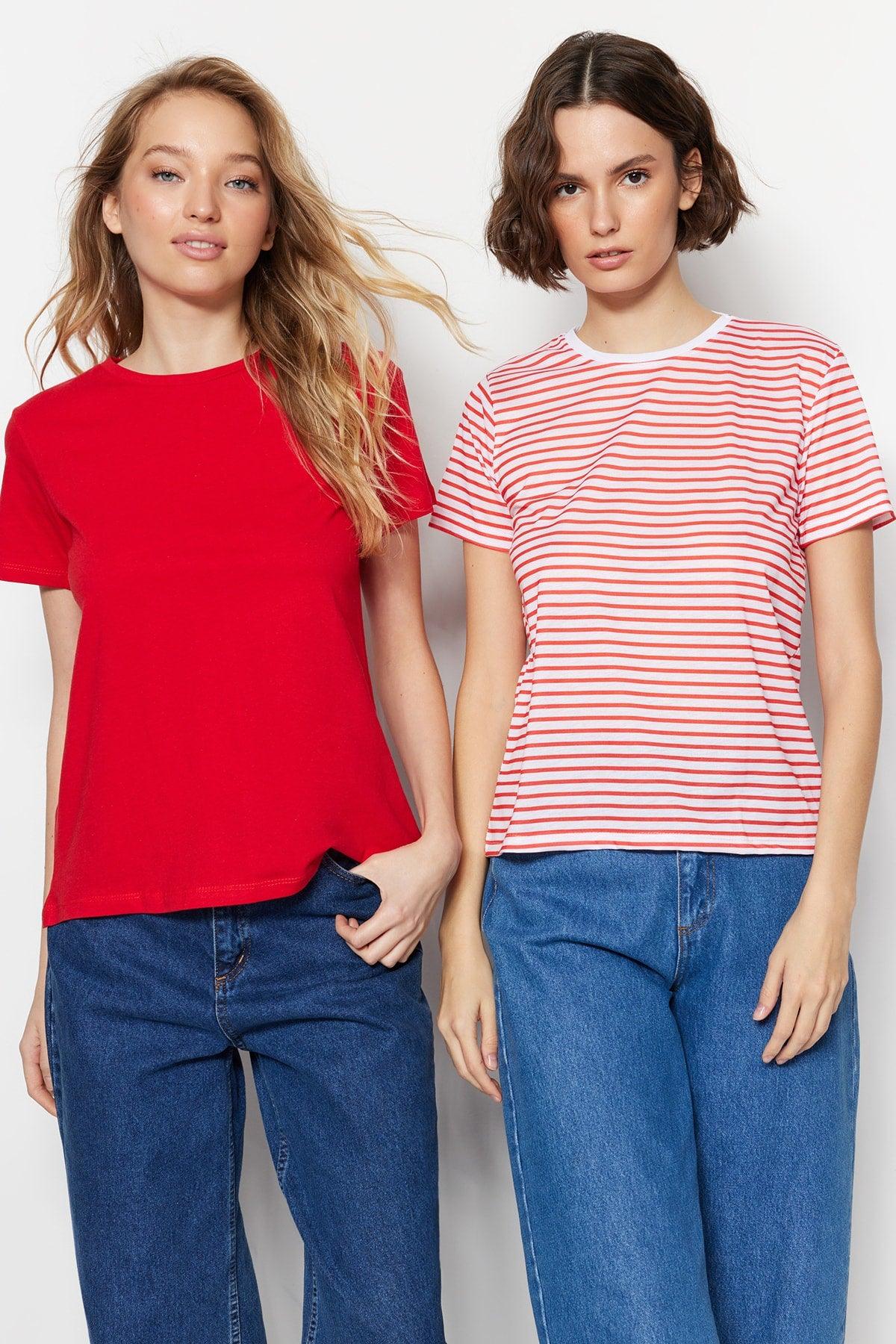 Red-Red Striped 2-Pack Basic Cycling Collar Knitted T-Shirt TWOSS20TS0141 - Swordslife