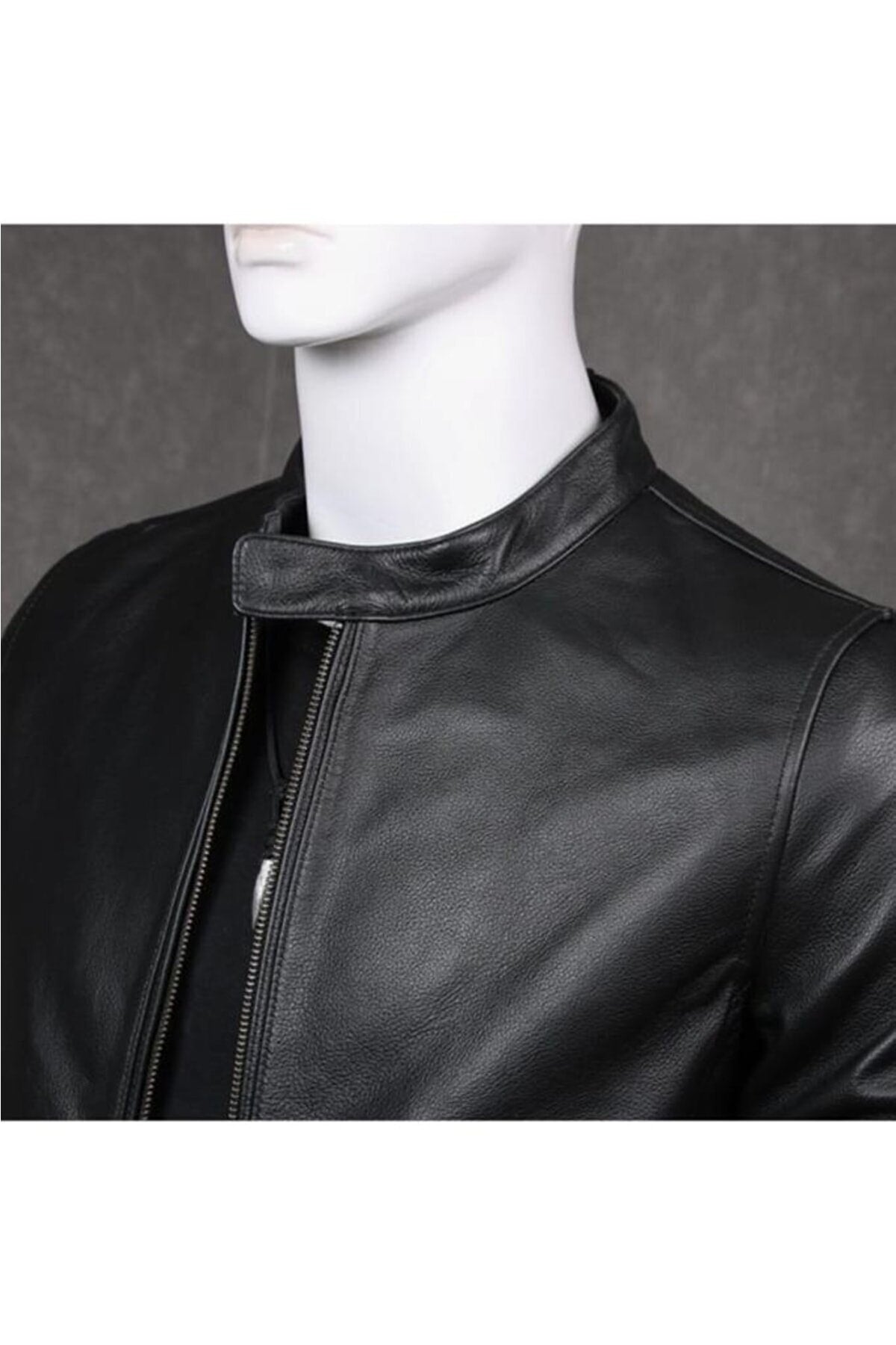 Genuine Leather Black British Collar Sport Men'S Leather Jacket