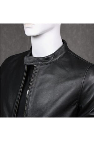 Genuine Leather Black British Collar Sport Men'S Leather Jacket
