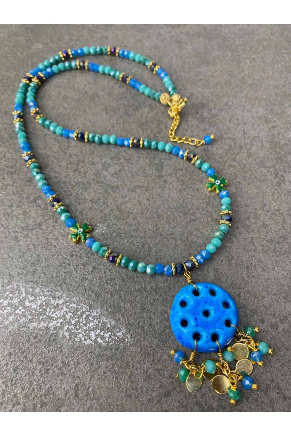 Assyrian Evil Eye Beaded Necklace with Clover - Swordslife