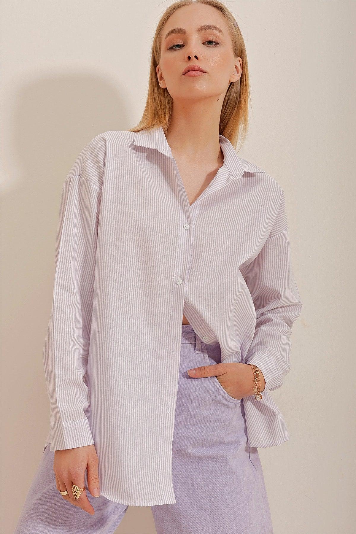 Women's Lilac Striped Oversize Shirt ALC-X10232 - Swordslife