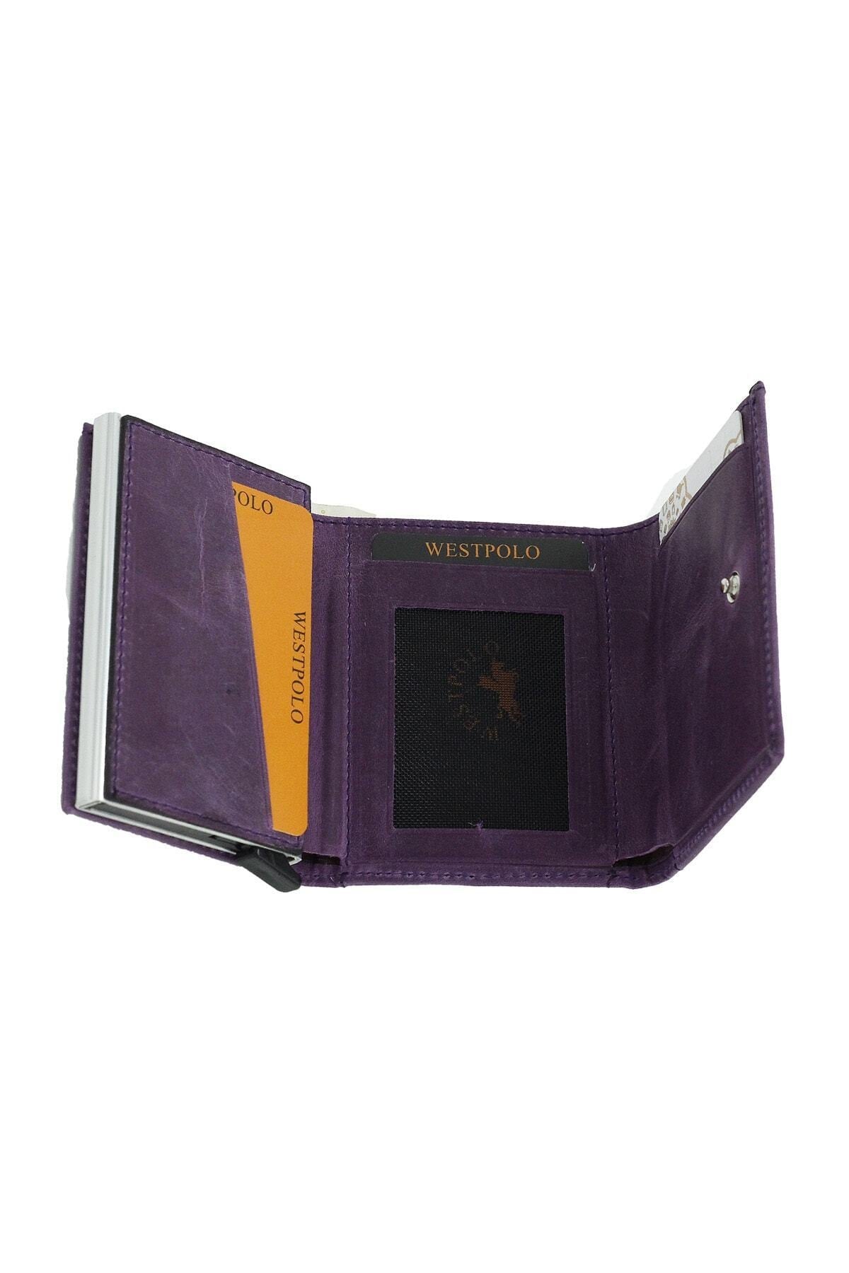 Men's Purple Leather Mechanism Wallet Card Holder