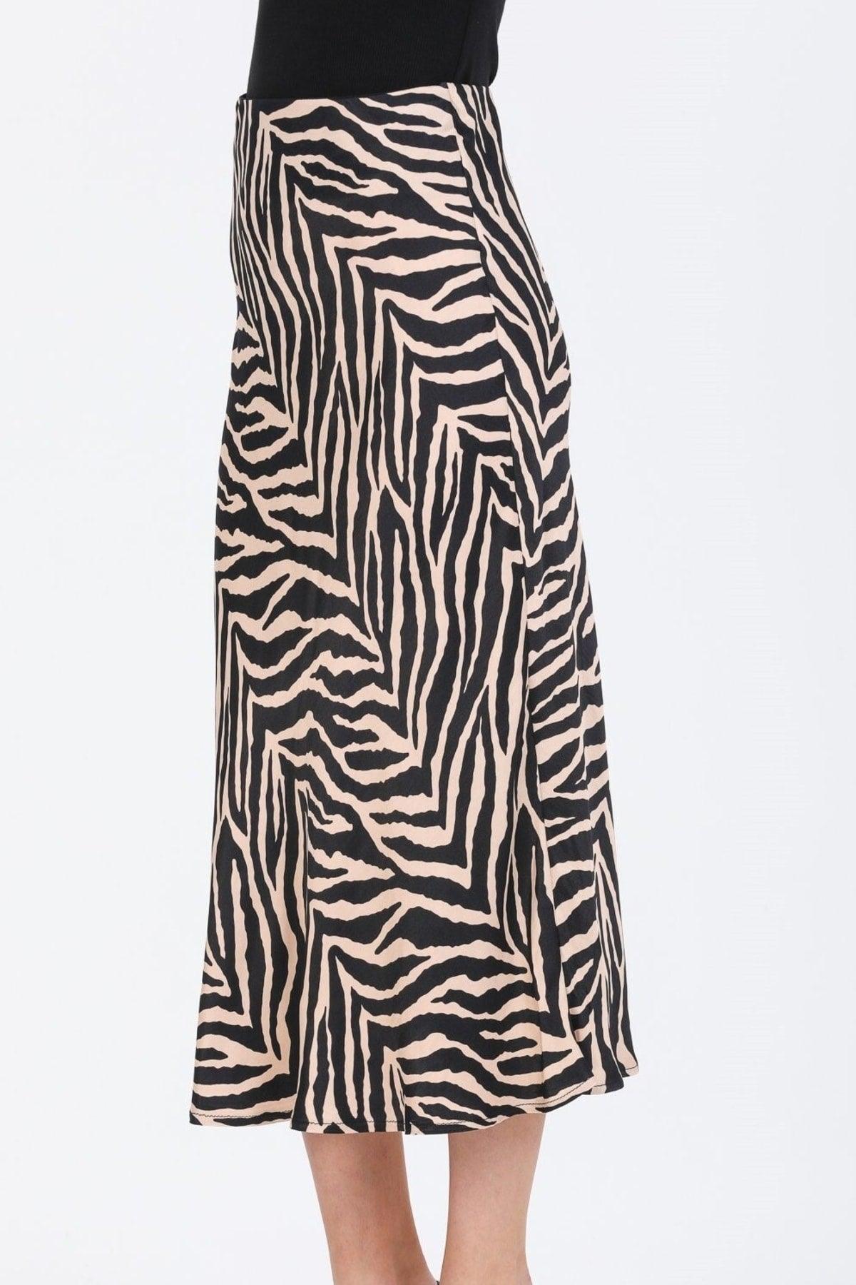 Dense Zebra Pattern Viscose Satin Midi Length Skirt - Black Beige - Swordslife