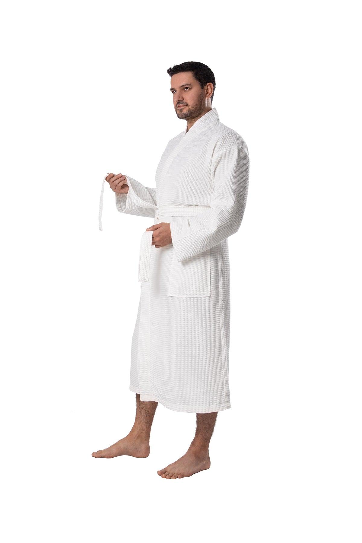 Waffle Patterned 100% Cotton Men's Bathrobe - Absorbent Fabric- Men's Cream Bathrobe - Swordslife