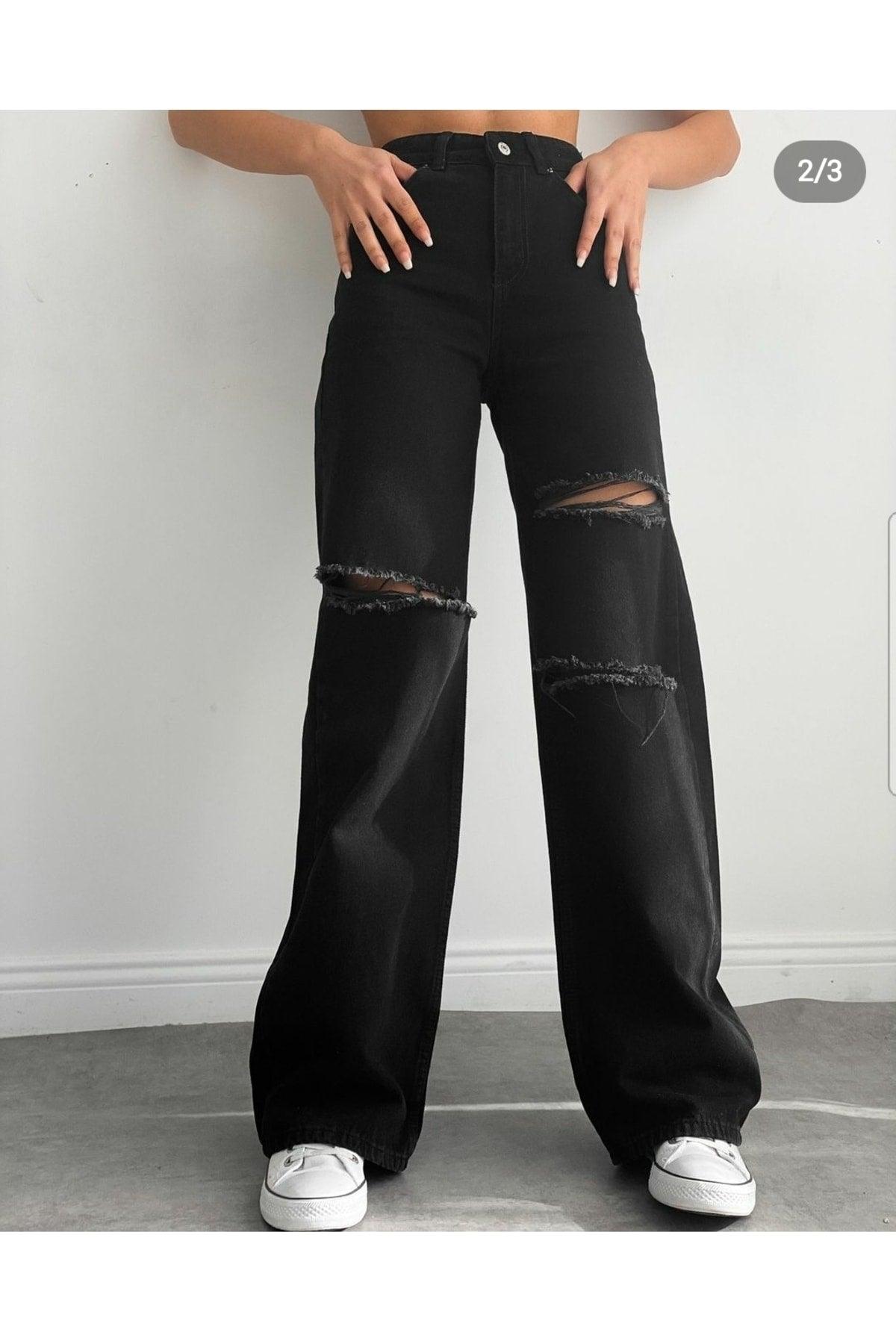 Hot Women Lycra Loose Women Black Ripped Super High Waist Wide Leg Denim Jeans Pants - Swordslife