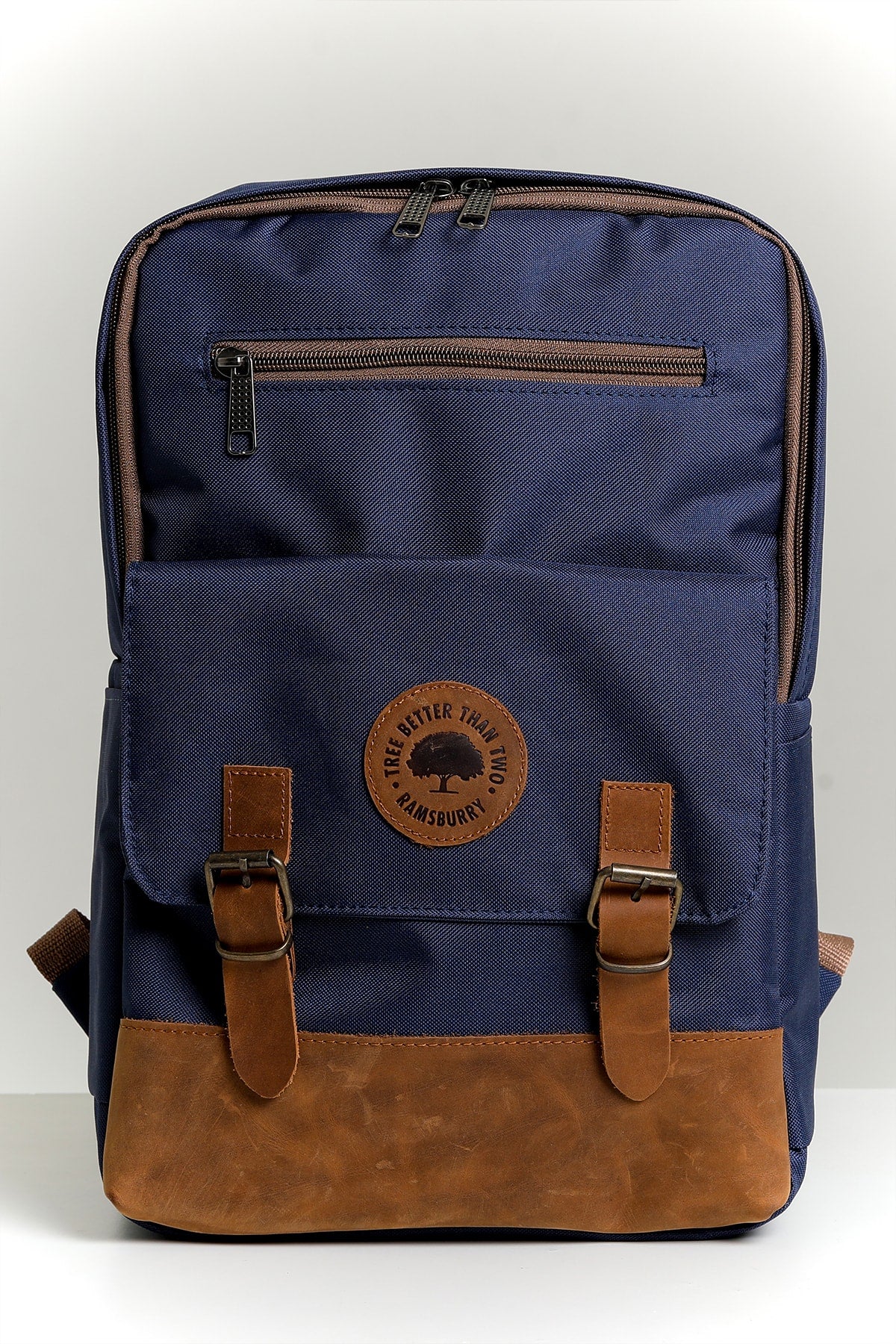 Unisex Navy 100% Genuine Leather Detailed Waterproof 15.6 Inch Multi-Compartment Backpack with Laptop Compartment