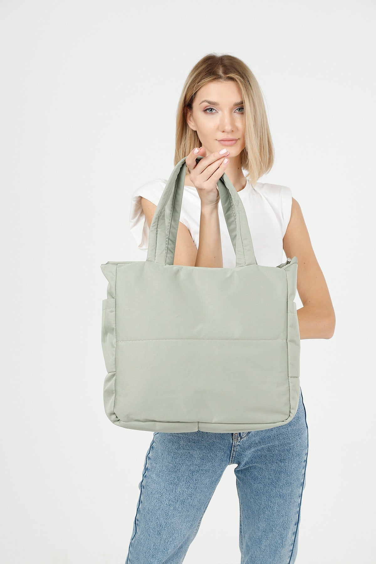 Green U25 3-Compartment Side 2 Pocket Detailed Zipper Closure Canvas Women's Arm And Shoulder Bag B:35 E:35 G