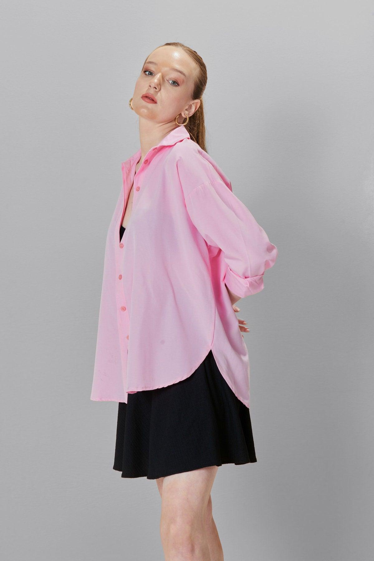 Women's Pink Oversize Long Basic Shirt - Swordslife