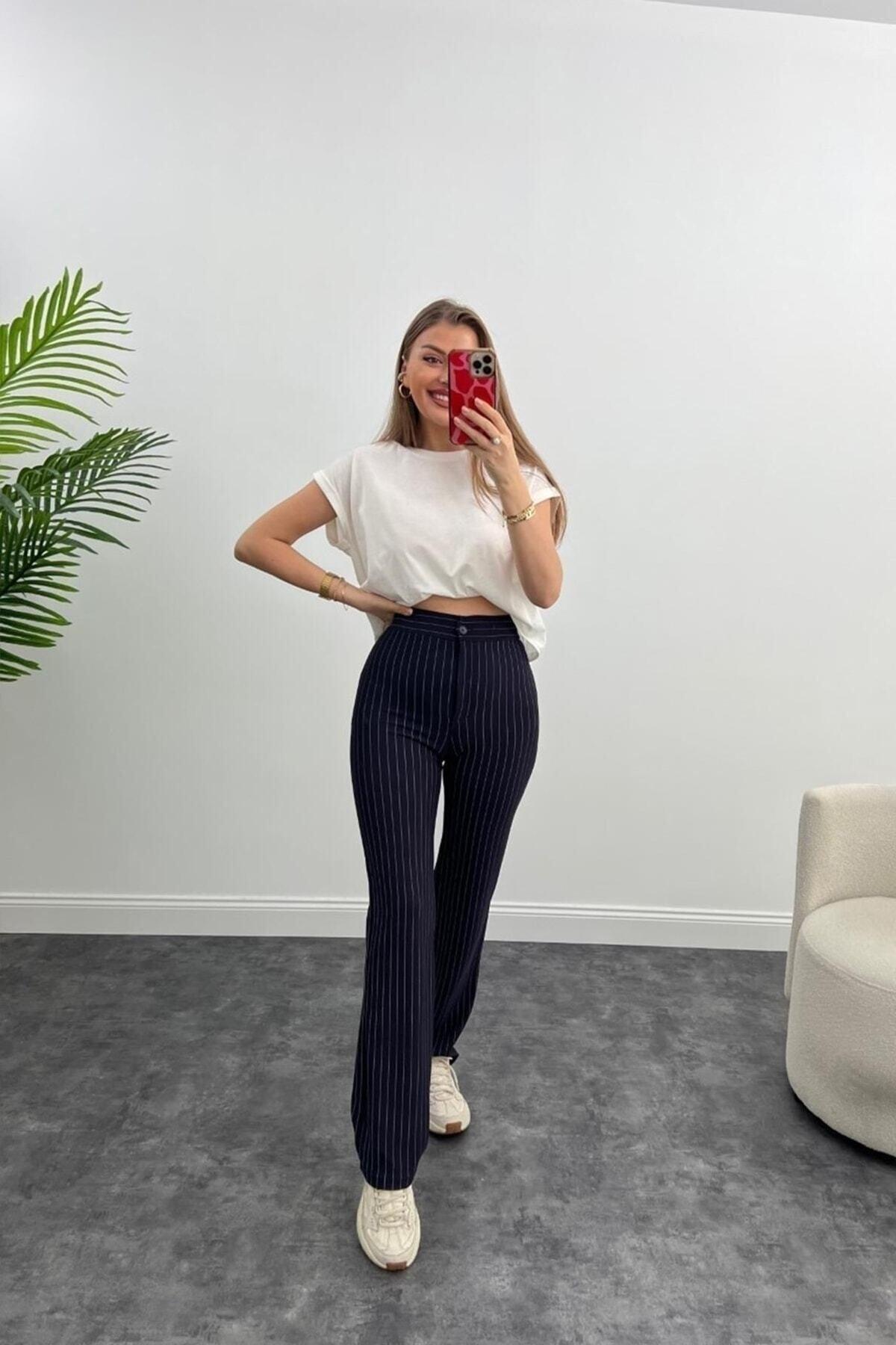 Ultra High Waist Crepe Fabric Lycra Palazzo Striped Trousers Navy Blue - Swordslife