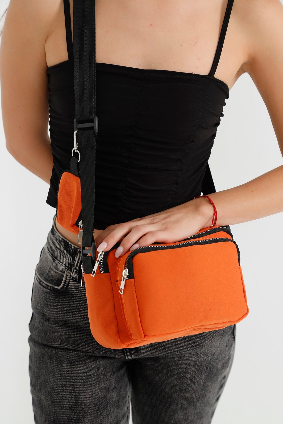 Orange U4 Canvas Women's Cross Shoulder Bag With 2 Compartments And Wallet With Adjustable Strap B:17 E:22 G:1