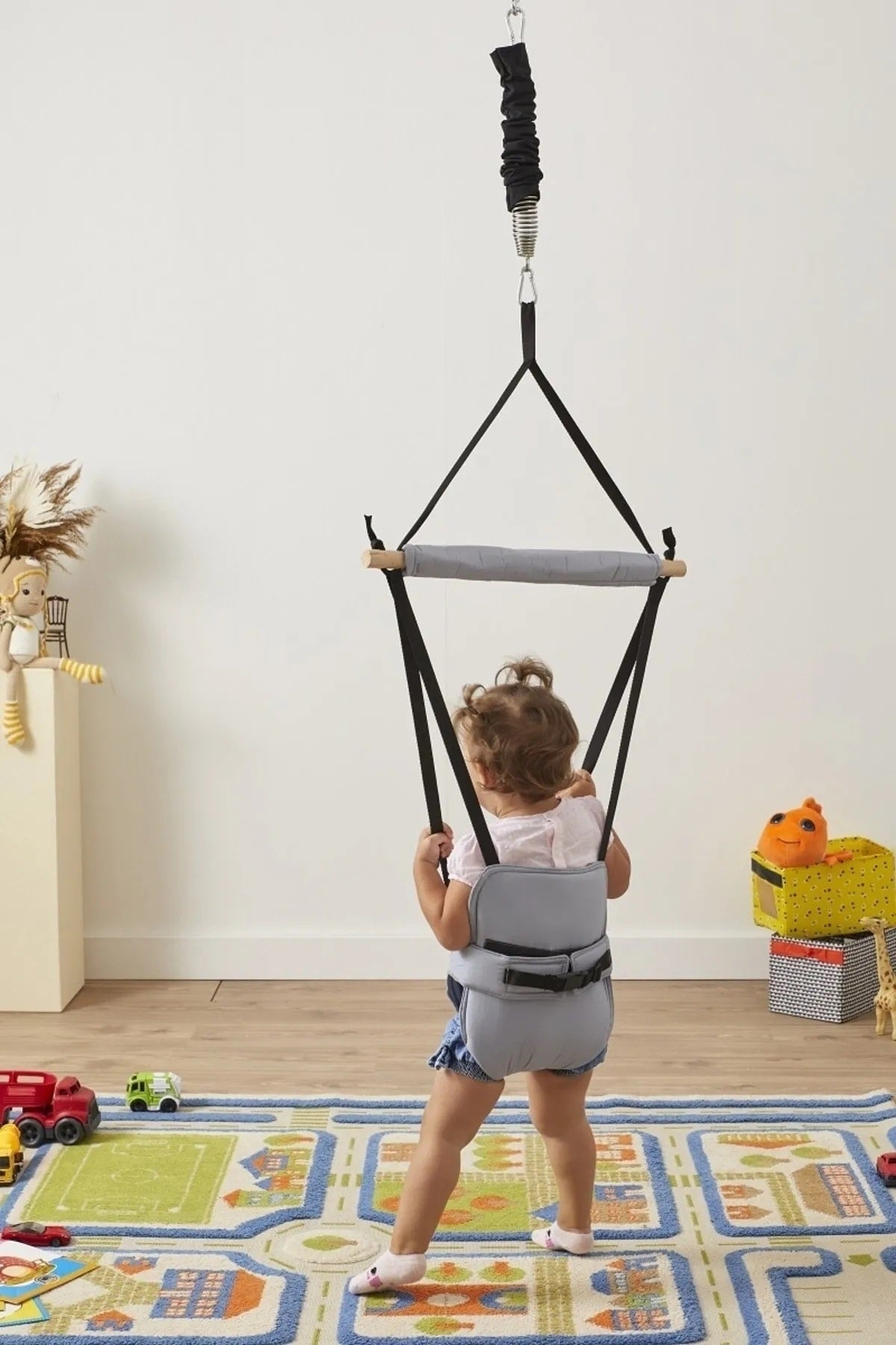 Hoppala Bouncer Kangaroo , Balance Baby Walker With Spring Natural Wood Gray