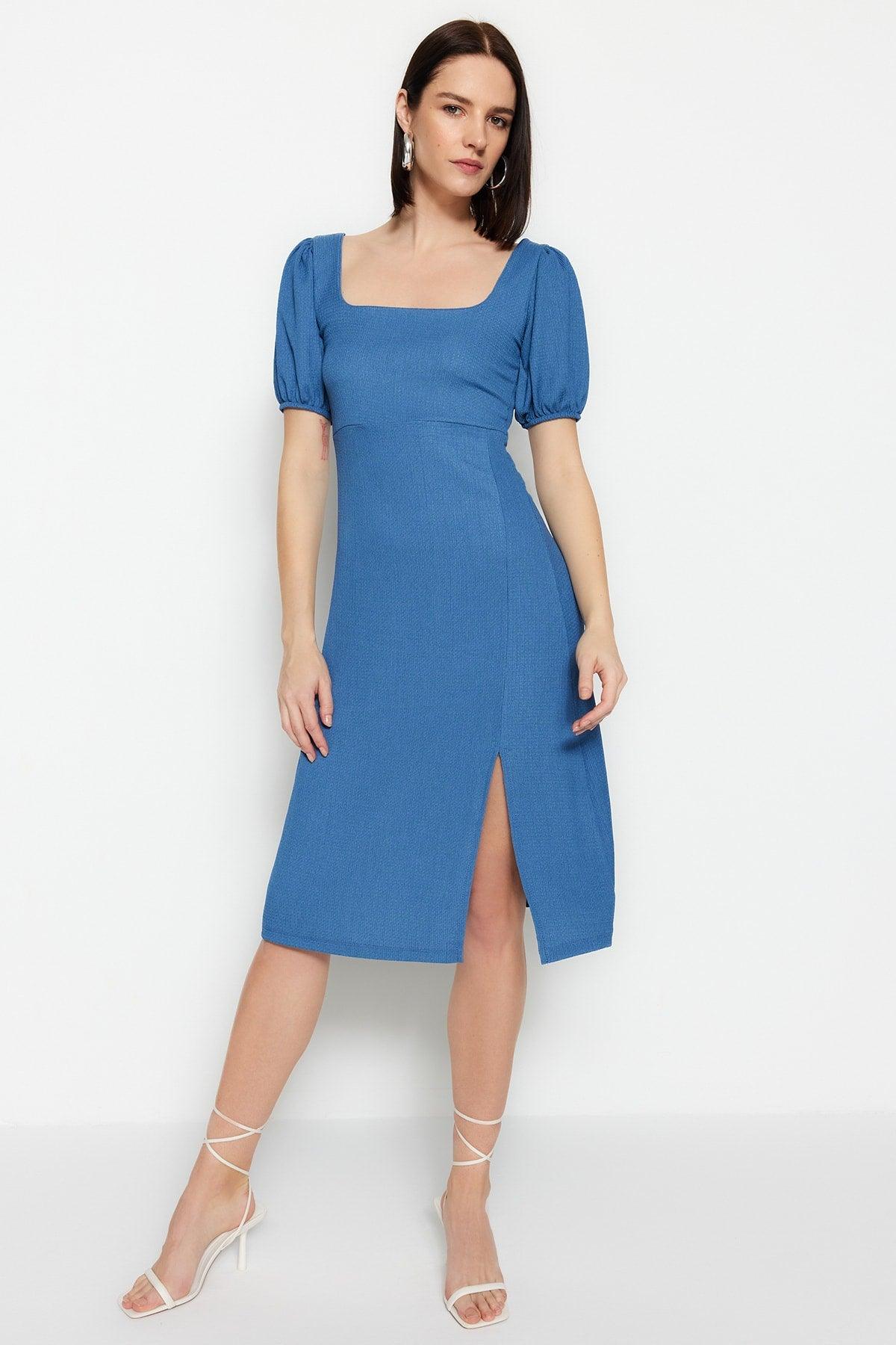 Indigo Square Neck Balloon Sleeve A-Line Slit Detailed Midi Knitted Dress TWOSS23EL01533 - Swordslife