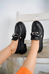 Women's Thick Sole Loafer Moccasin Shoes Unscrew Buckle Black - Swordslife