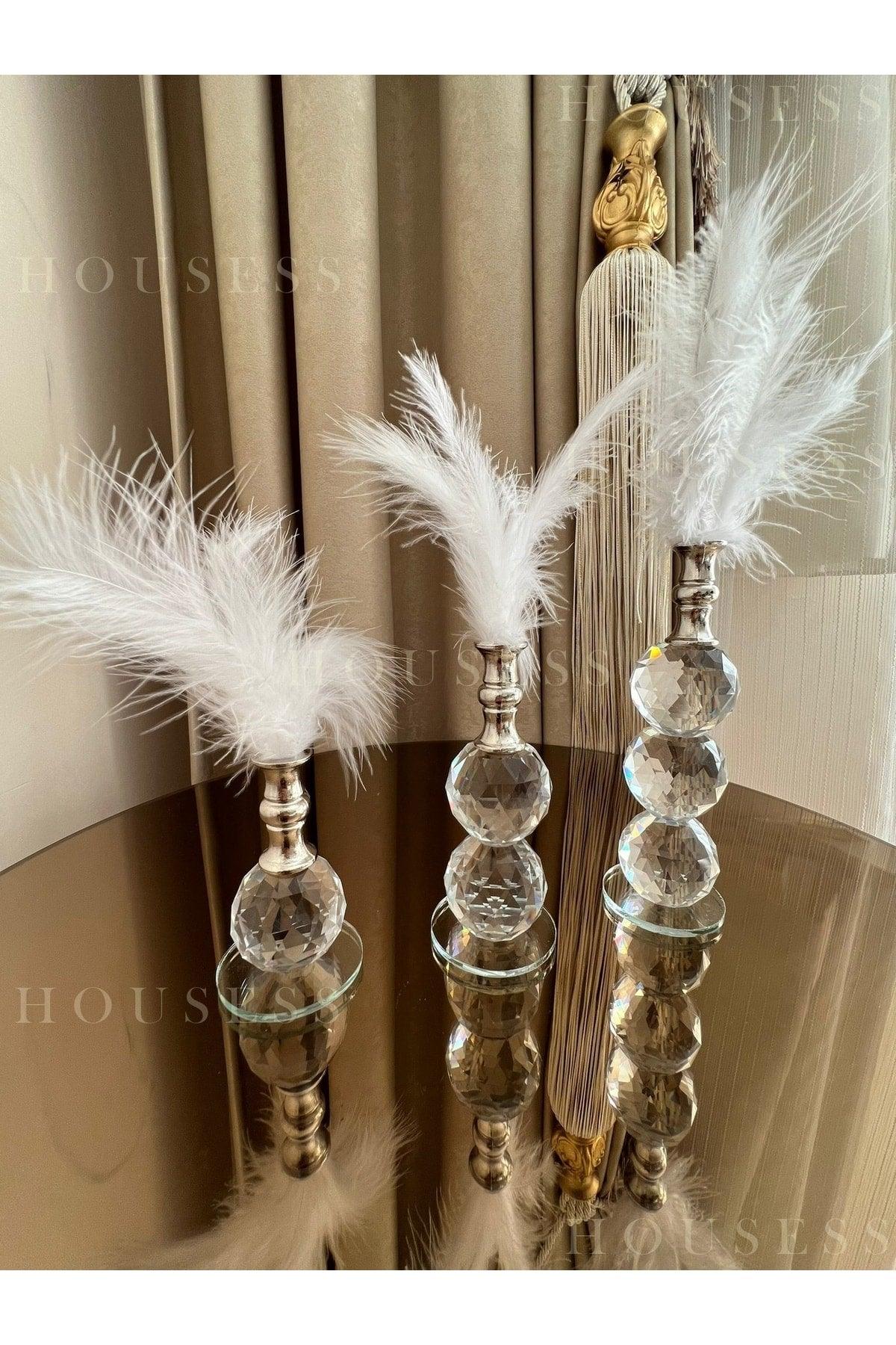 3 Pack White Feathered Silver Crystal Ball Feather Decor Trinket Ornament - Swordslife