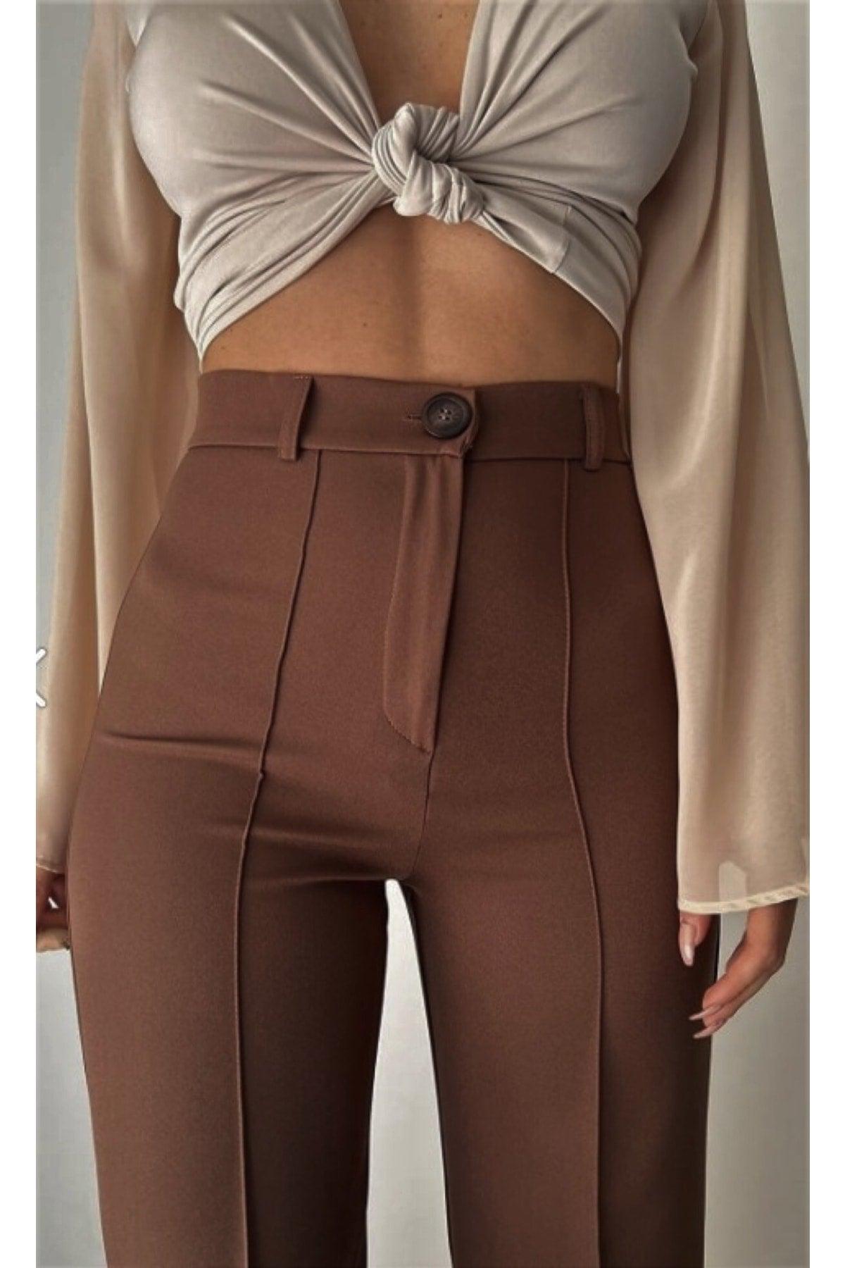 Women's Brown Crepe Fabric Lycra Front Grassed Spanish Leg Palazzo Pants - Swordslife