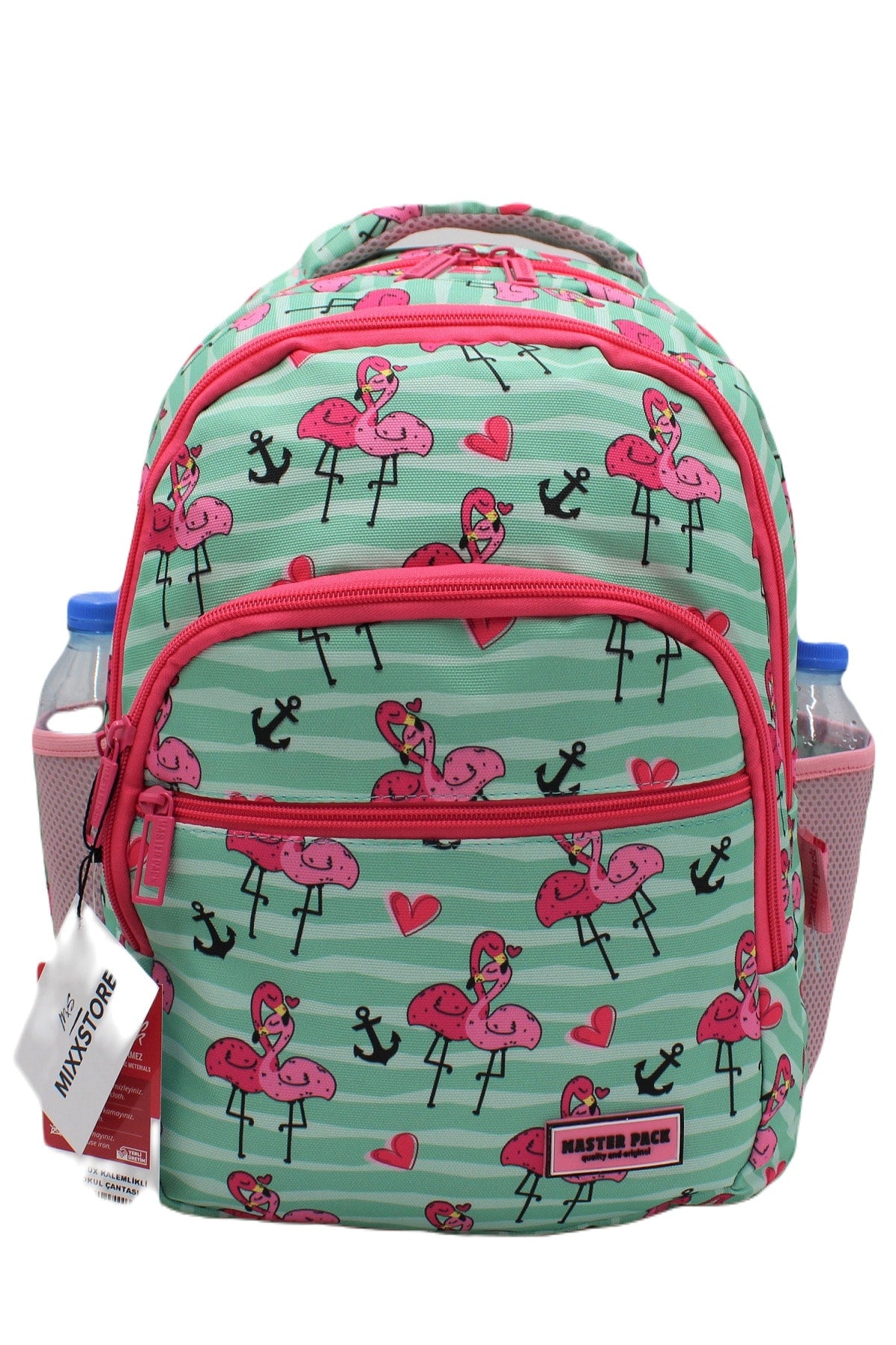 Flamingo Patterned Green Color Master Pack Girl Backpack Primary School Bag With Food And Pencil Holder