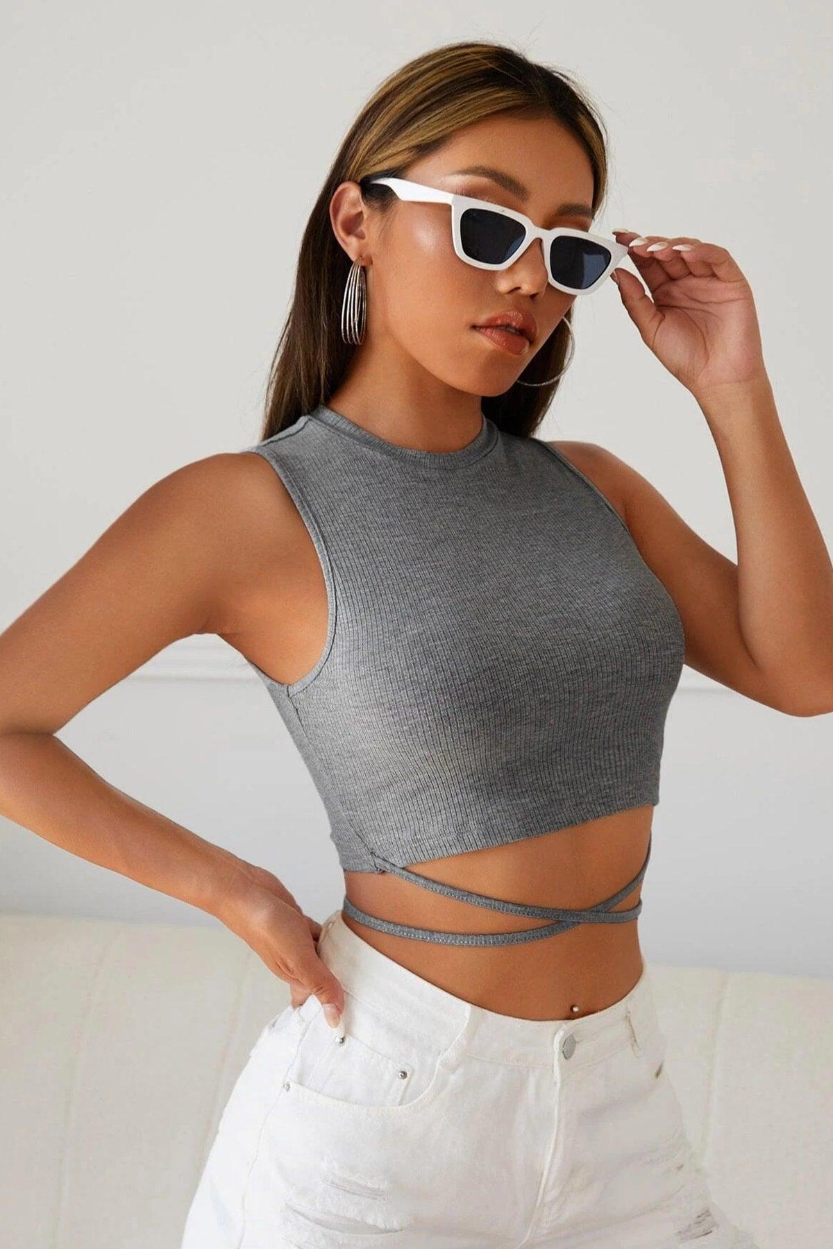 Women's Gray Cross-Cover Crop Top Blouse - Swordslife