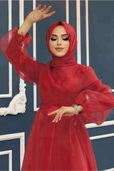 Women's Red Belted Tulle Evening Dress T 4693 - Swordslife