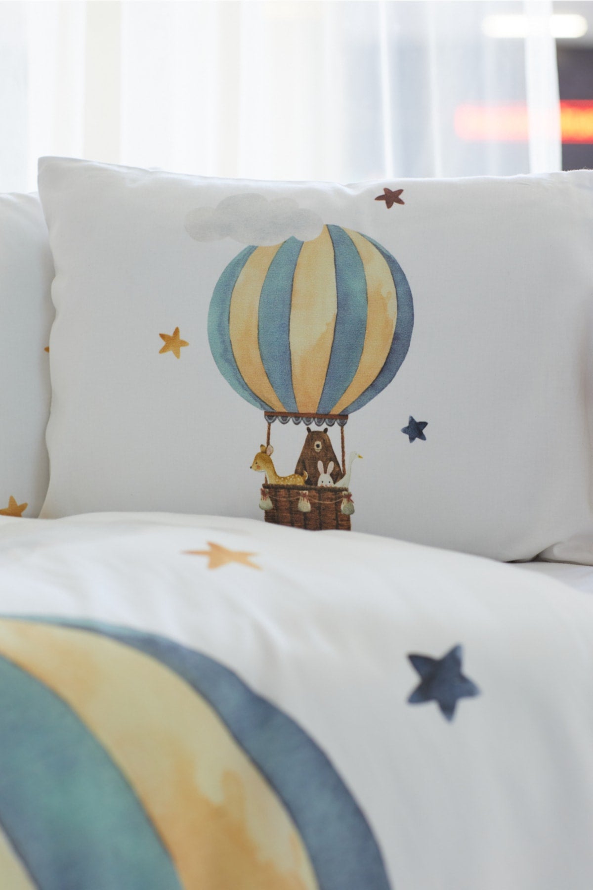 Organic Printed Cotton Satin Baby Duvet Cover Set - Teddy Bear, Flying Balloon And Star Themed