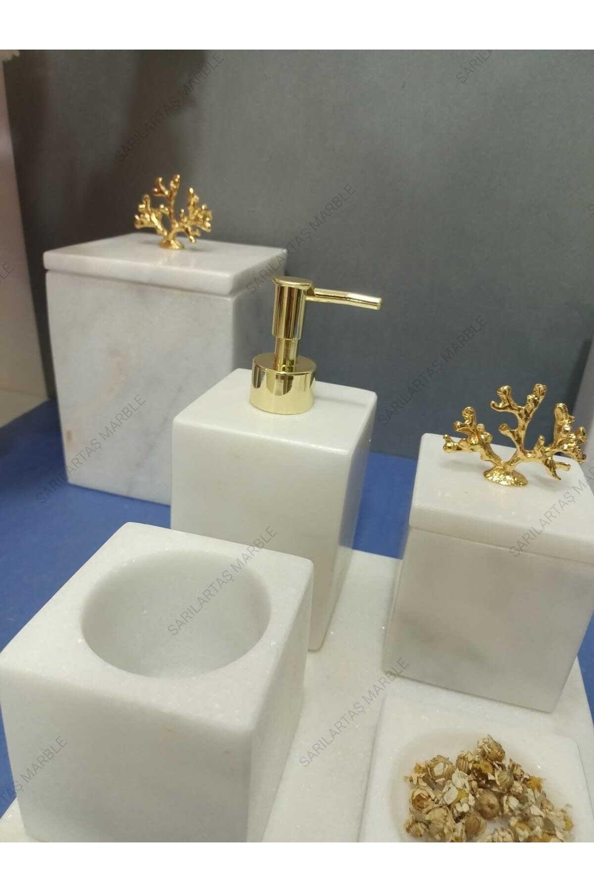 White Square Marble Bathroom Set With Coral Accessory - Swordslife