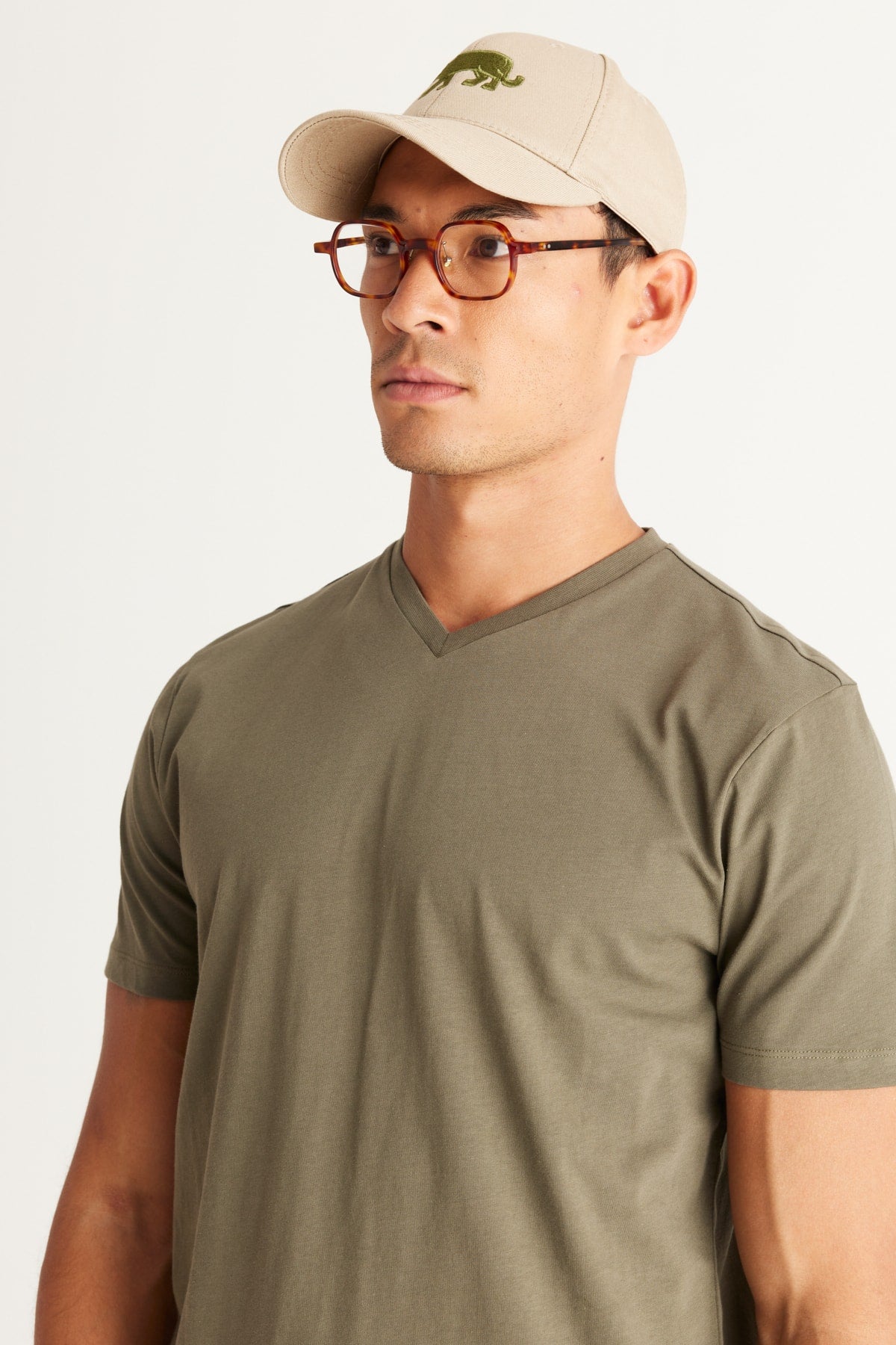 Men's Khaki Slim Fit Slim Fit 100% Cotton V-Neck Short Sleeved T-Shirt