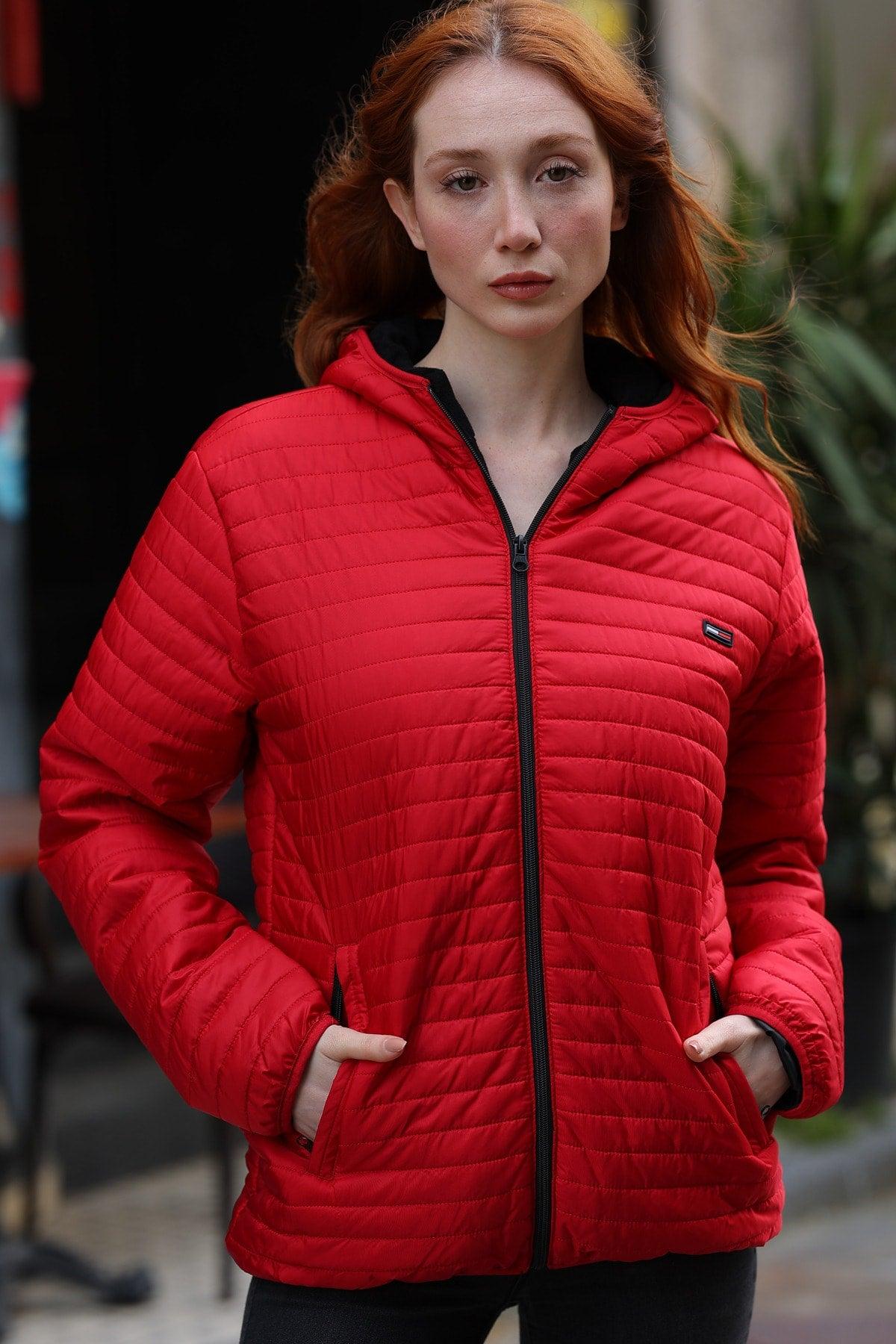 Women's Red Hooded Lined Waterproof And Windproof Coat - Swordslife