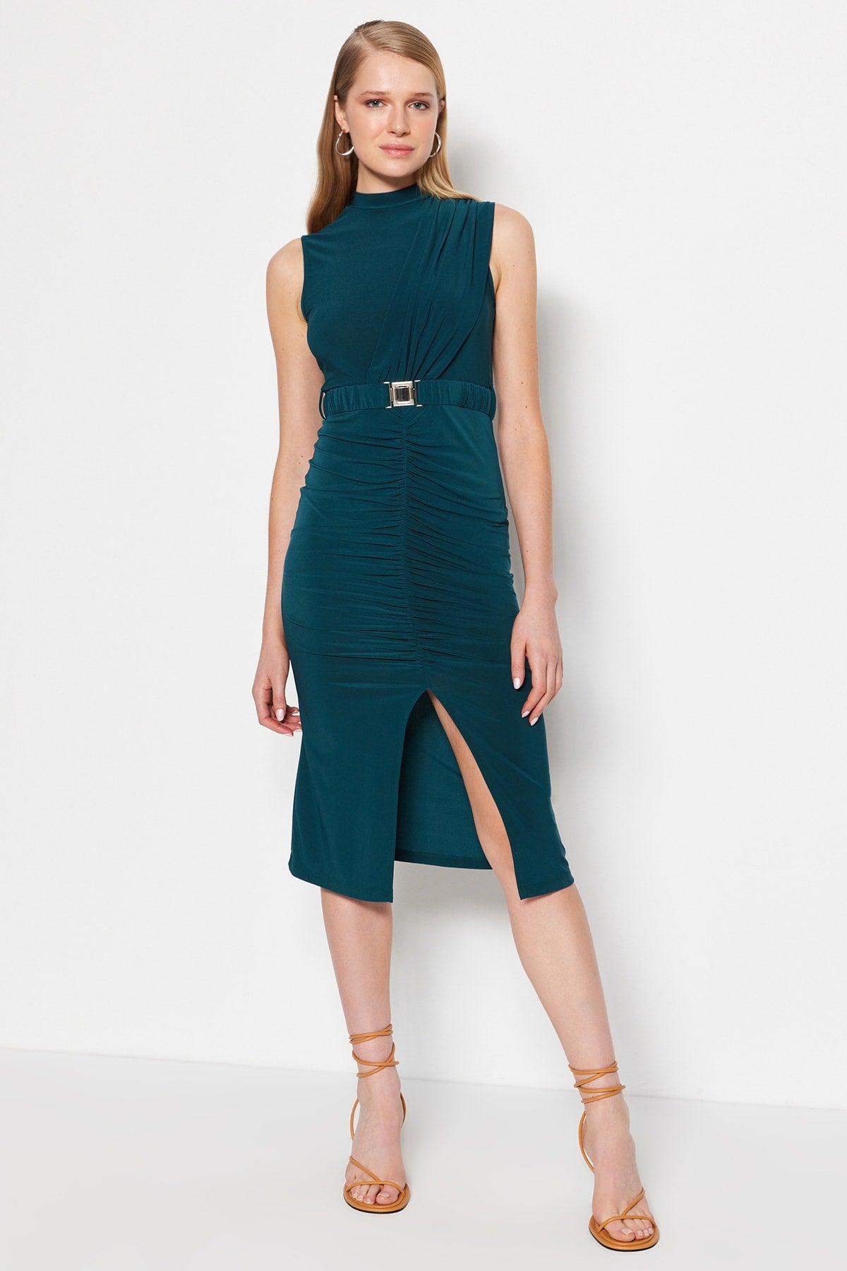 Emerald Green Fitted/Sleeping Sleeveless Draped Detailed Belted Midi Stretch Knit Dress TWOSS22EL0756 - Swordslife