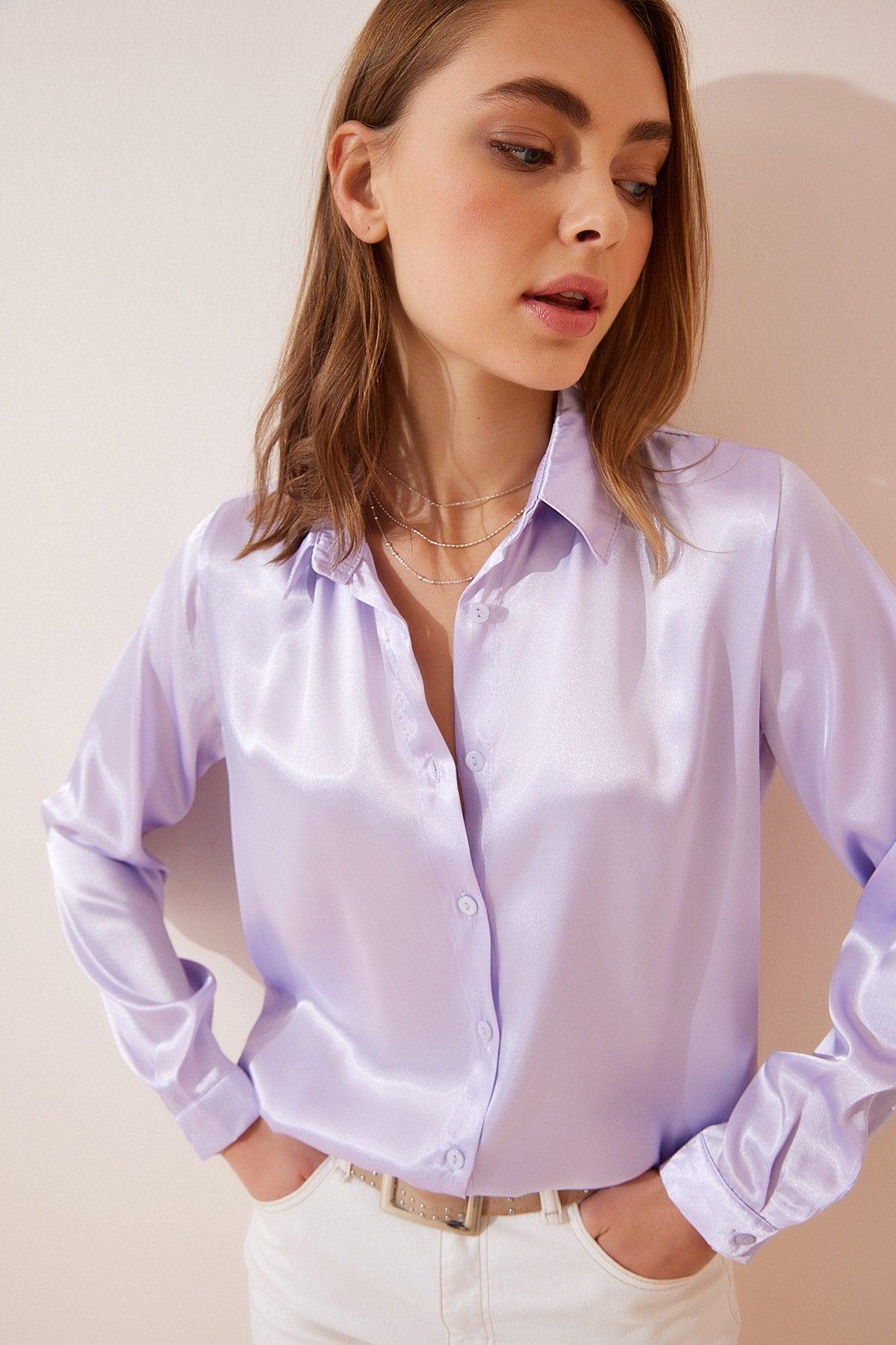 Women's Lilac Lightly Flowy Satin Shirt DD00990 - Swordslife