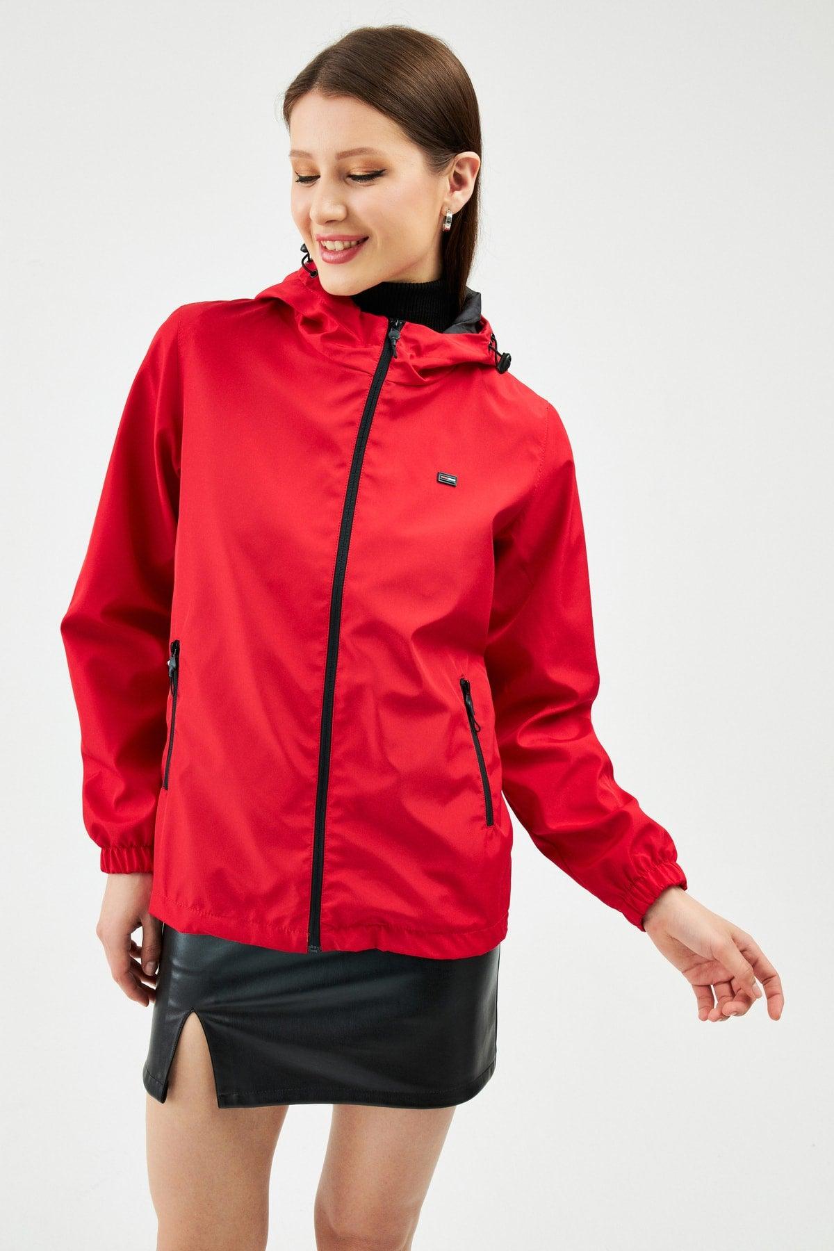 Women's Red Inner Lined Waterproof Hooded Raincoat with Pocket - Windbreaker Jacket - Swordslife