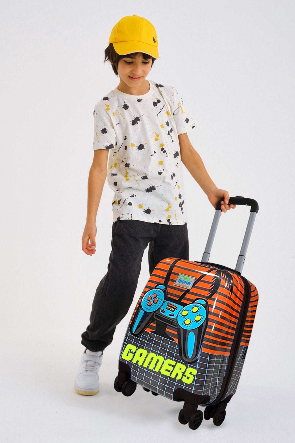 Kids Gray Orange Gamers Patterned Kid's Suitcase 16737