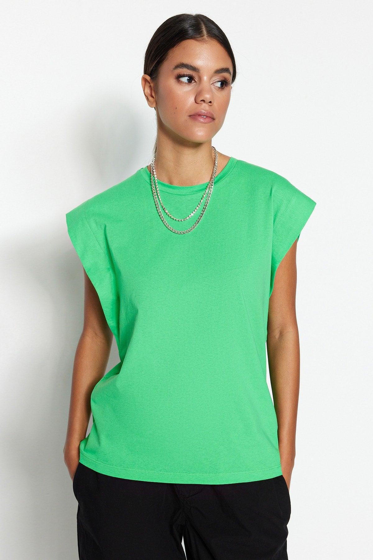 Tropical Green 100% Cotton Padded Basic Crew Neck Knitted T-Shirt TWOSS20TS0021 - Swordslife