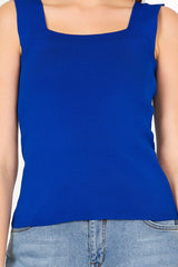 Women's Sax Blue Thick Strap Square Collar Summer Athlete Knitwear Blouse - Swordslife