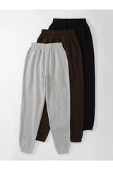 3-pack Jogger Sweatpants - Black, Gray And Brown, Elastic Leg, High Waist, Summer