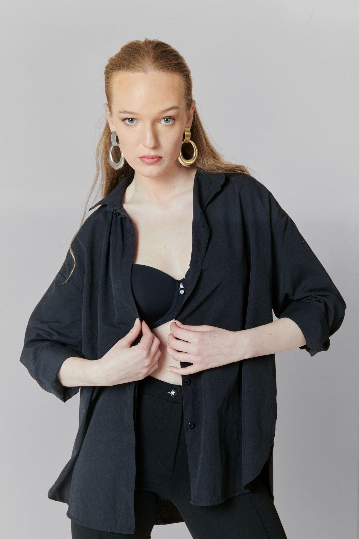 Women's Black Oversize Long Basic Shirt - Swordslife