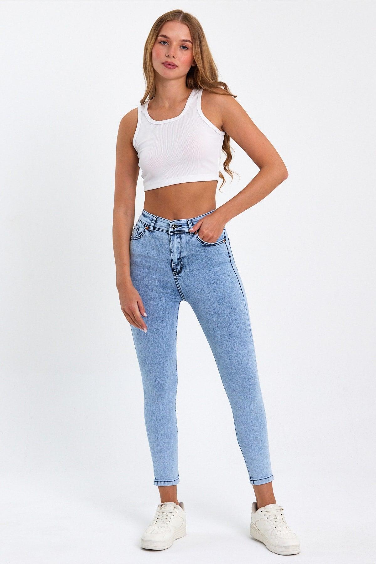 Snow Baby Snow Wash Light Snow Blue High Waist Slim Leg Skinny Lycra Jeans - Swordslife