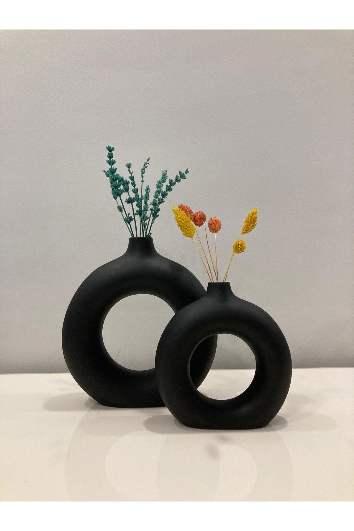 Decorative Ceramic - Glossy Black 2 Ring Vase Bohemian Set - Swordslife