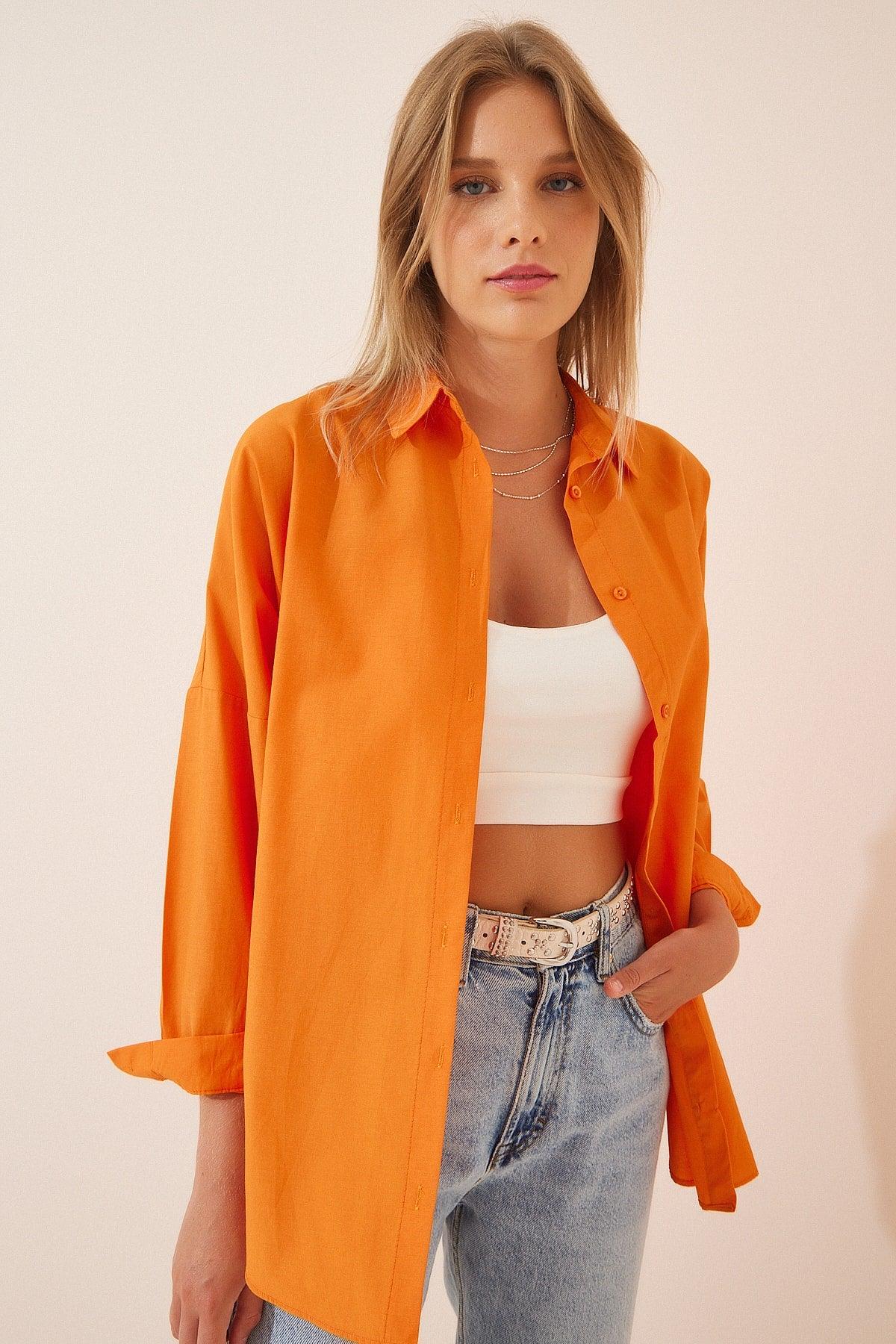 Women's Light Orange Oversize Long Basic Shirt DD00842 - Swordslife