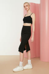 Black Slit Detailed Fitted High Waist Ribbed Stretch Midi Knitted Skirt TWOSS22ET0250 - Swordslife
