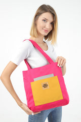 Fuchsia/gray/mustard U22 3-Compartment Front 2 Pocket Detailed Canvas Fabric Daily Women's Arm and Shoulder Bag B:35 E