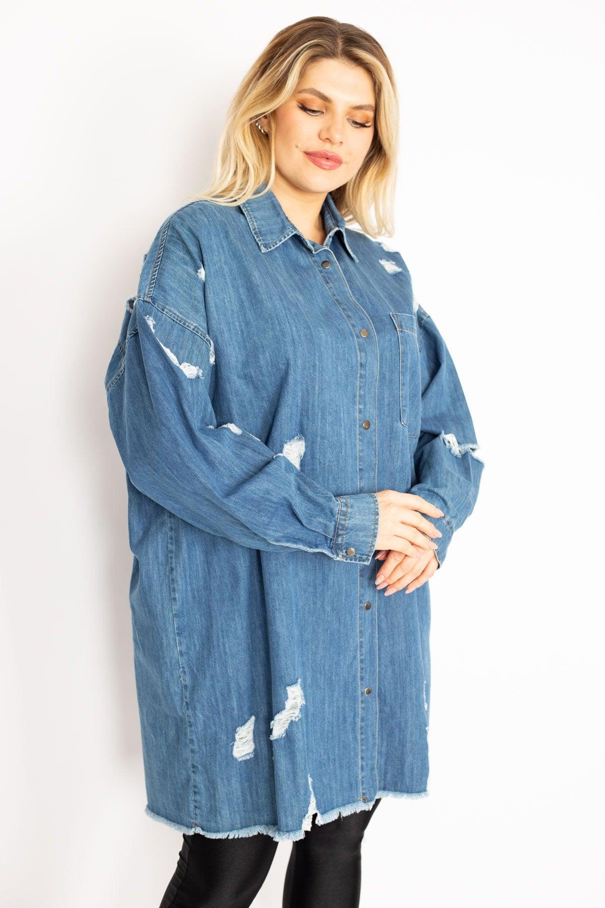 Women's Large Size Blue Ripped Detailed Loose Cut Oversize Denim Tunic Jacket 65n28046 - Swordslife