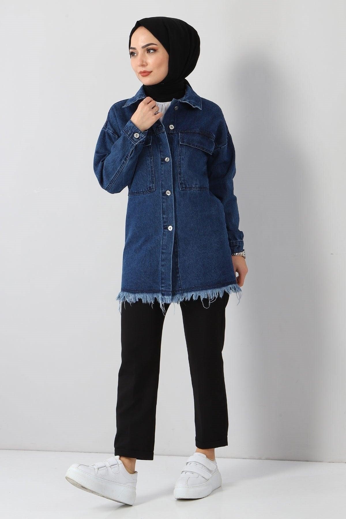 Tassel Detailed Denim Jacket Dark Denim 6011 - Swordslife