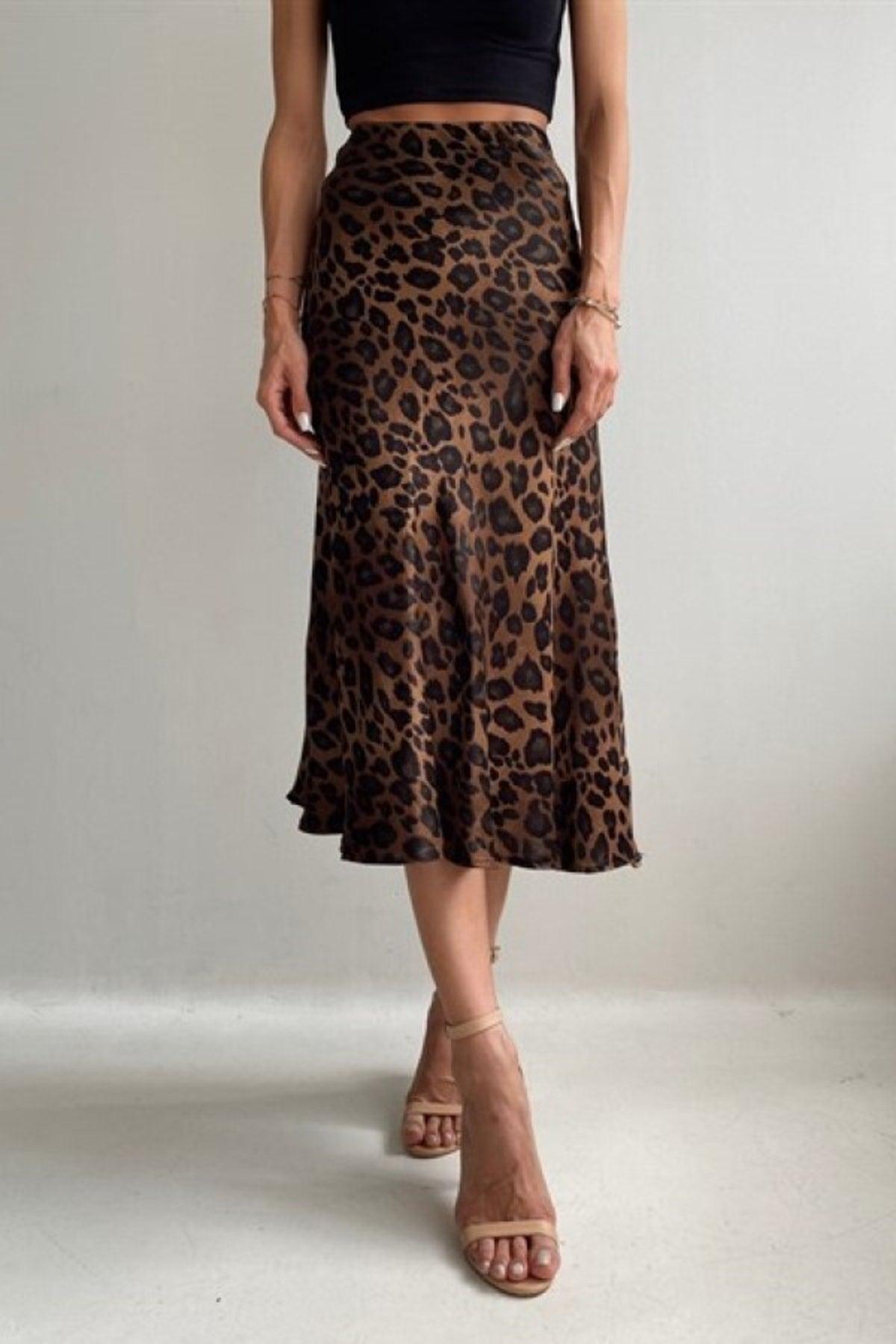 Summer Leopard Pattern Satin Midi Length Brown Skirt - Swordslife