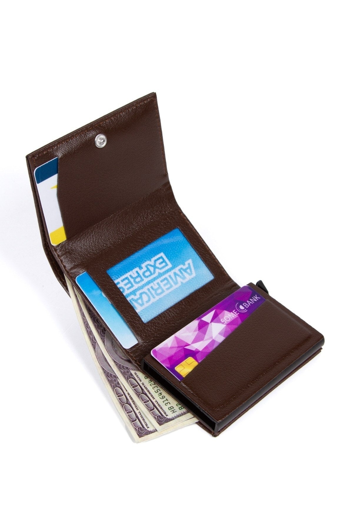 Unisex Leather Aluminum Mechanism Sliding Card Holder Wallet With Paper Money Compartment (7,5X10CM)