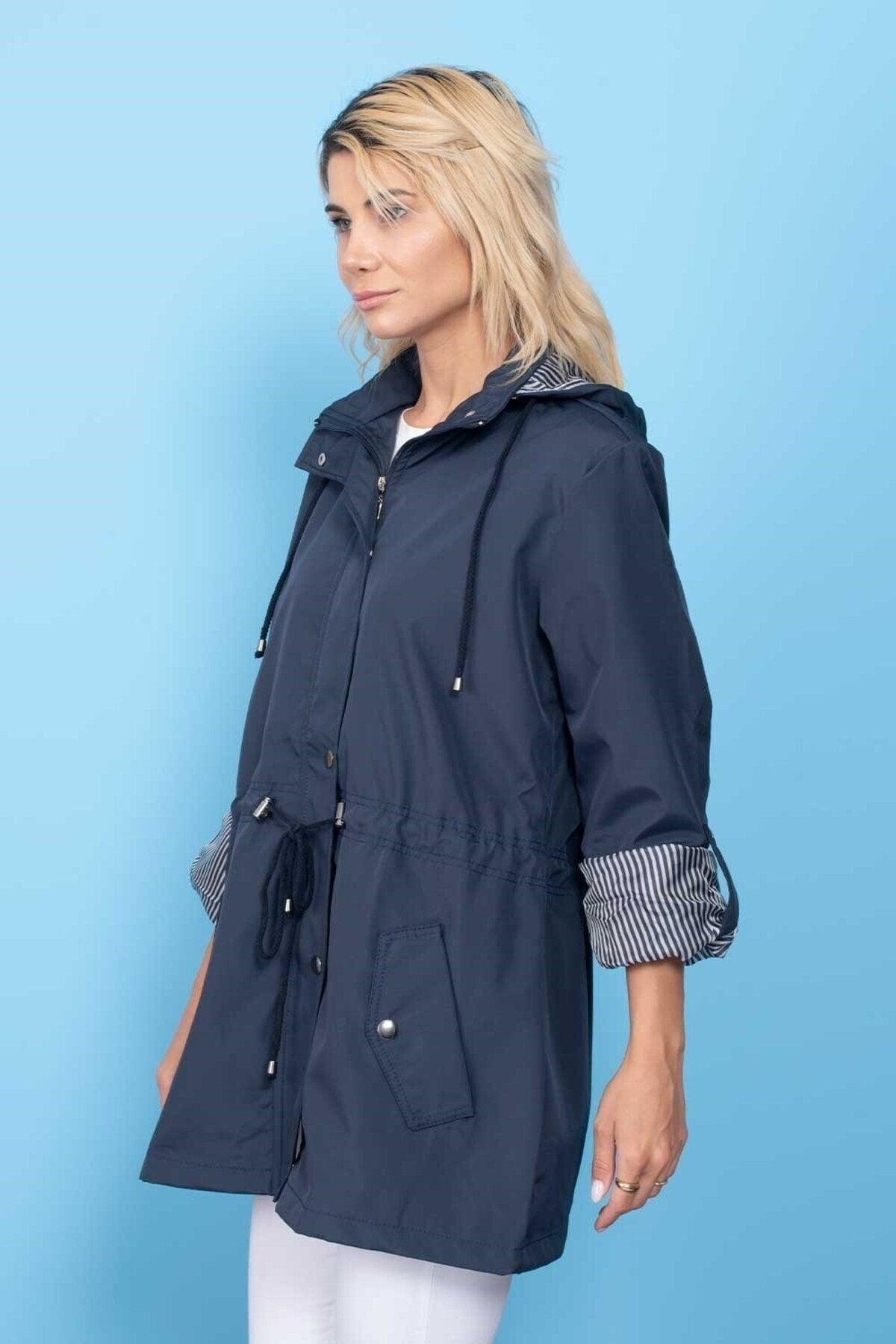 Women's Navy Blue Hooded Seasonal Coat - Swordslife