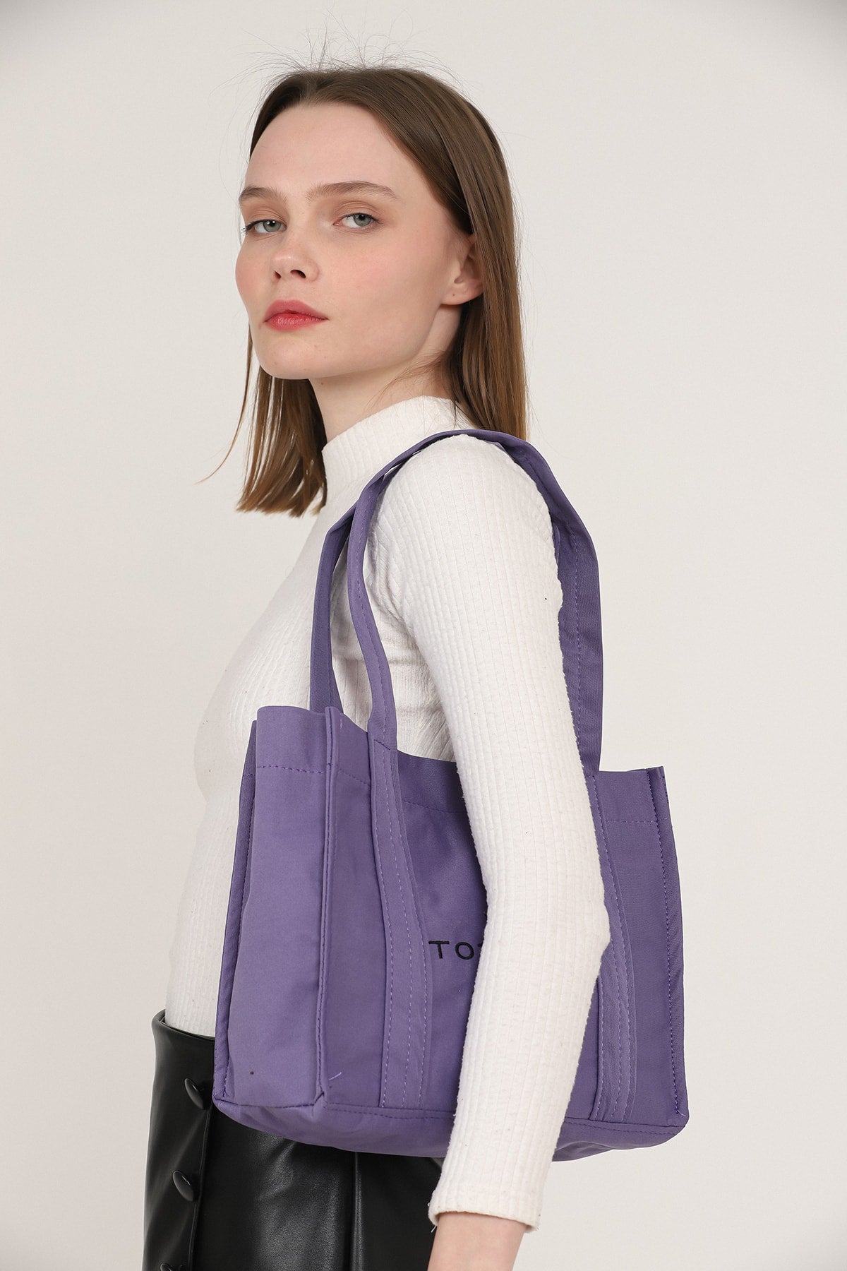 Lilac U45 Snap Closure The Tote Bag Embroidered Canvas Fabric Daily Women's Arm And Shoulder Bag 25x30