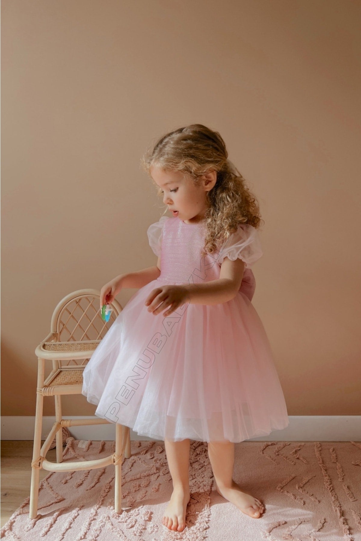 Pink Short Balloon Tulle Sleeve Detailed Tulle Baby Girl Dress - Cinderella