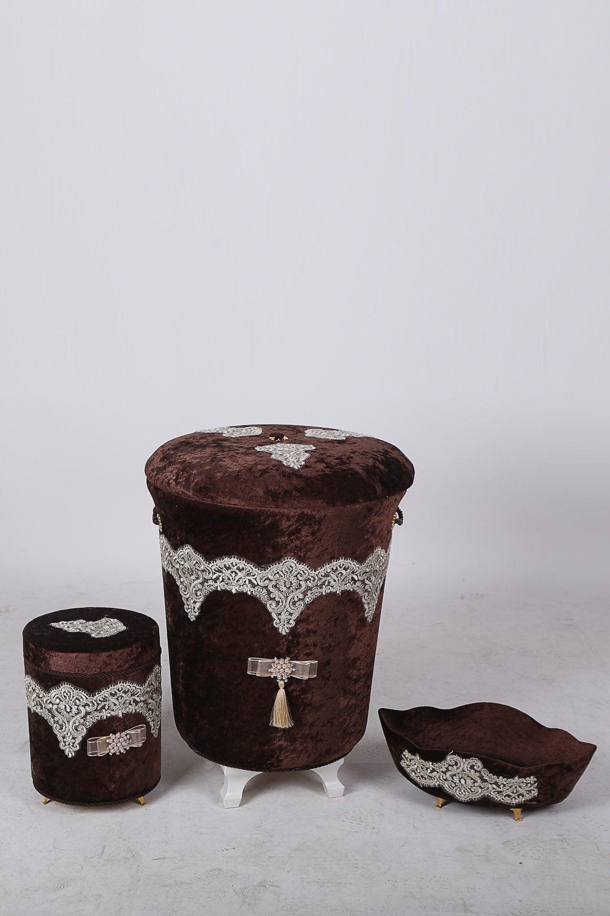 Luxury Brown Velvet Guipure Dirty Laundry Basket Set B 3 - Swordslife