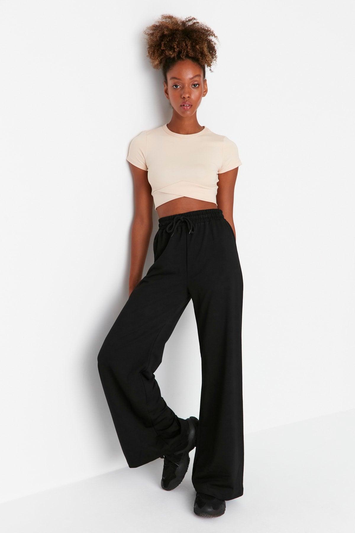 Black Wide Leg Slim Sports Trousers TWOAW22EA0053 - Swordslife